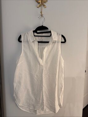 J. Crew White Sleeveless Linen Split-Neck Blouse SMALL